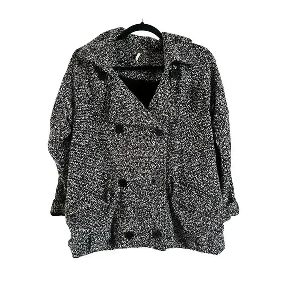 Free People Slouchy Moto Jacket Belted Wool Blend Trench Pea Coat Black XS - Picture 2 of 5